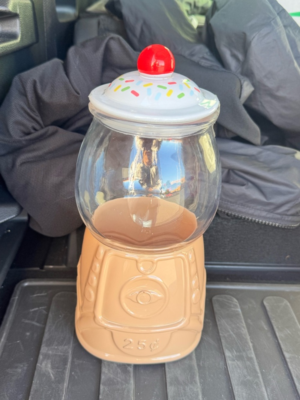 Candy Gumball Icecream Jar with Sprinkled Lid - Tan Base, Clear Globe, Red Knob